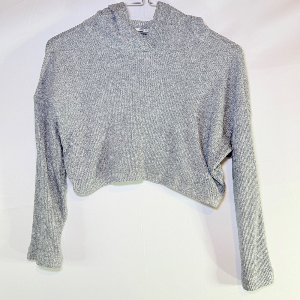 HM Girls Gray Ribbed Knit Cropped Hoodie Sweatshirt Size 10-12‎ Heathered Gray